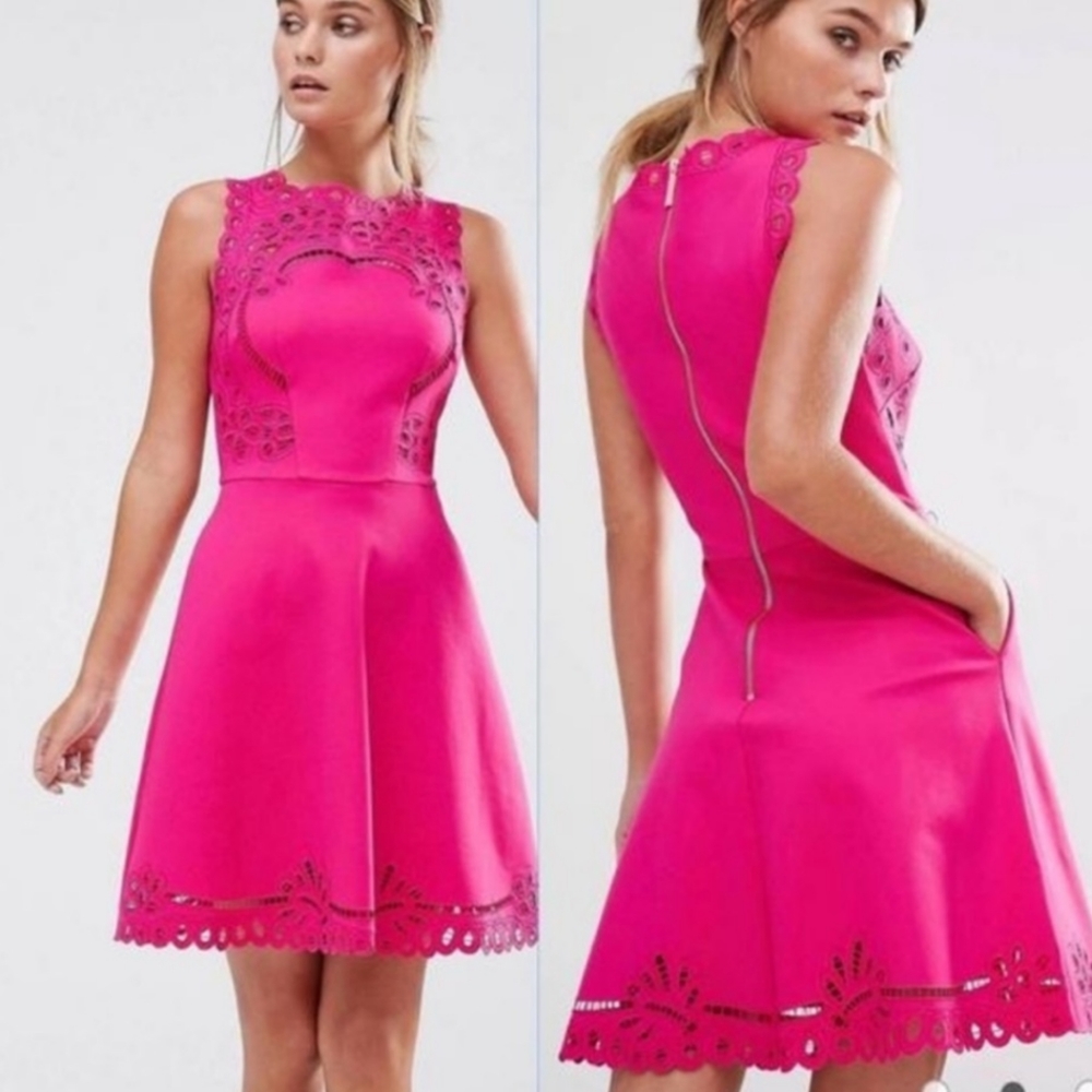 Ted Baker London Fuchsia Sleeveless Fit & Flare Skater Dress Pockets Cutwork